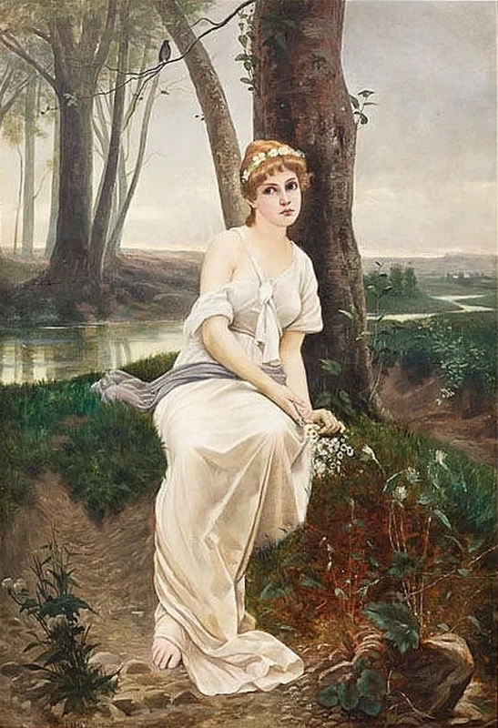 Figura femminile tra ruscello e alberi